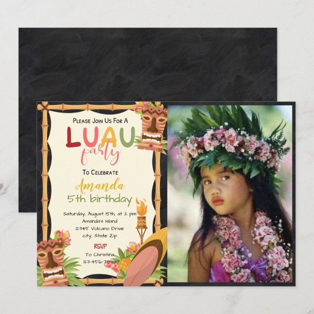 Tropical Luau Mask Birthday Invitation With Photo (Front/Back)