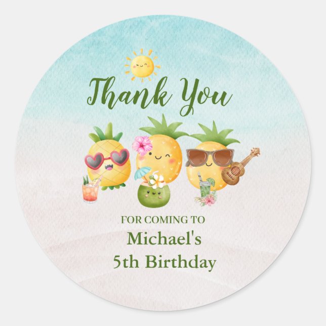 Tropical Luau Pineapple Beach Birthday Classic Round Sticker (Front)