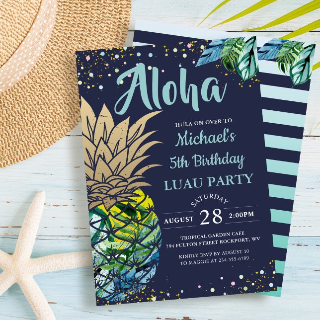 Tropical Luau Pineapple Beach Navy Blue Birthday Invitation (Creator Uploaded)