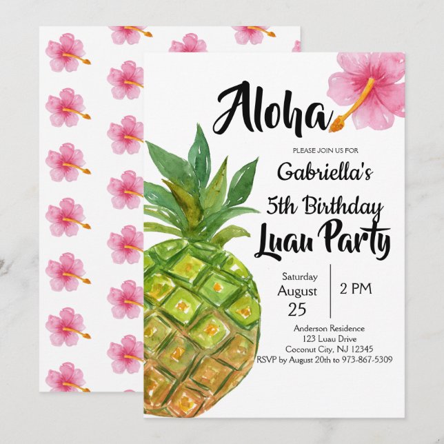 Tropical Luau Pineapple Birthday Party Invitation (Front/Back)