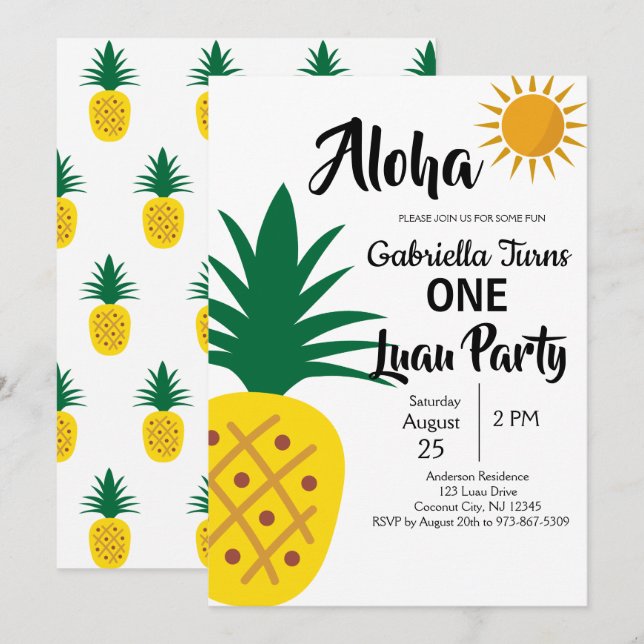 Tropical Luau Pineapple First Birthday Party Invitation (Front/Back)
