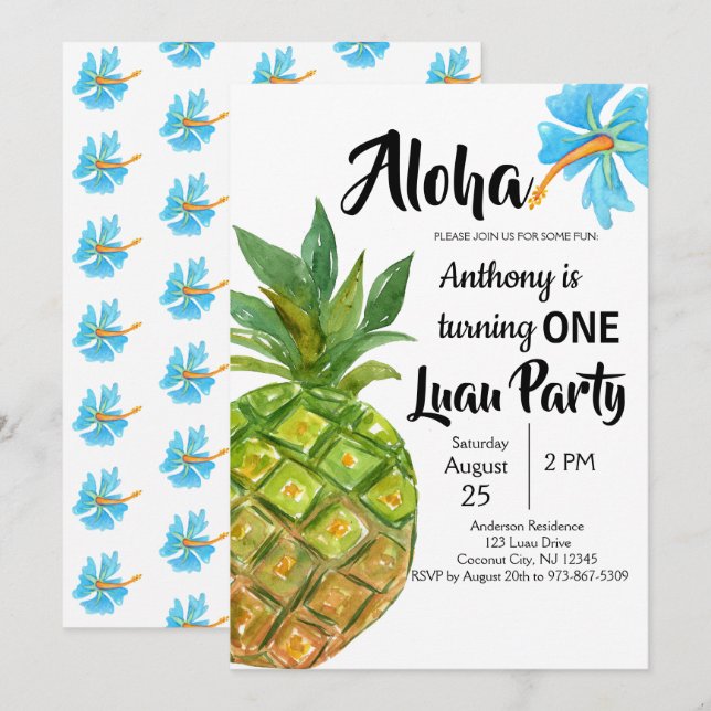 Tropical Luau Pineapple First Birthday Party Invitation (Front/Back)