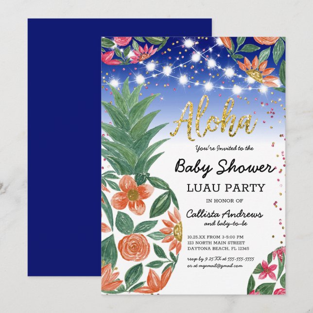 Tropical Luau Pineapple Lights Glitter Baby Shower Invitation (Front/Back)
