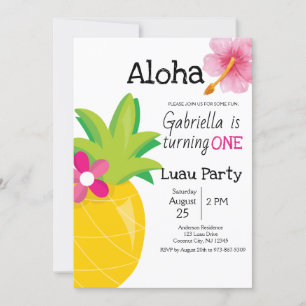 Tropical Luau Pineapple Pink First Birthday Party Invitation