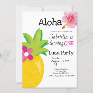 Tropical Luau Pineapple Pink First Birthday Party Invitation