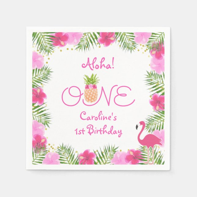 Tropical Luau Pink Floral Girl 1st First Birthday Napkin (Front)