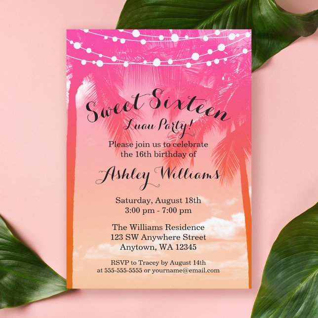 Tropical Luau Pink Orange Sweet 16 Birthday Invitation (Creator Uploaded)