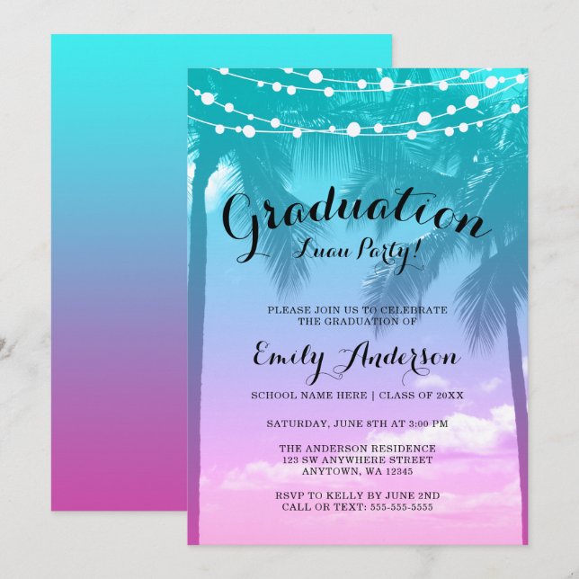 Tropical Luau Teal Pink Luau Graduation Party Invitation (Front/Back)