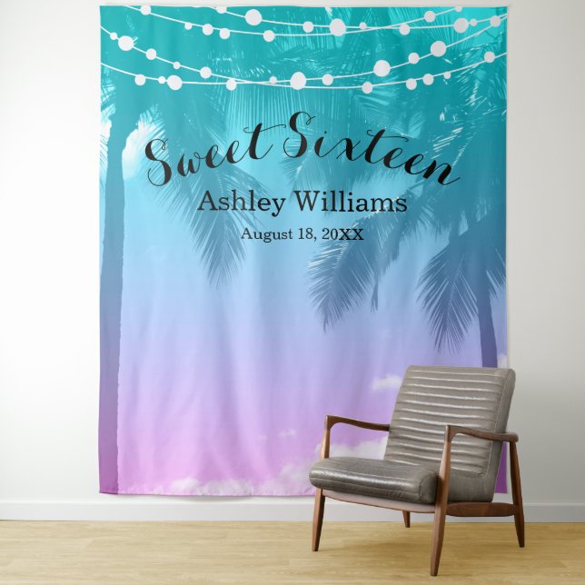 Tropical Luau Teal Pink Sweet 16 Birthday Backdrop Tapestry (In Situ)