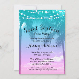 Tropical Luau Teal Pink Sweet 16 Birthday Invitation