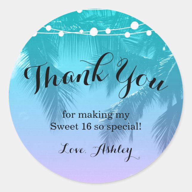 Tropical Luau Teal Pink Sweet 16 Thank You Classic Round Sticker (Front)