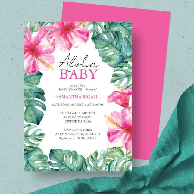 Tropical Luau Theme Baby Shower Invitation (Luau baby shower ideas feature hibiscus flower invitation unique art by Victoria Grigaliunas)