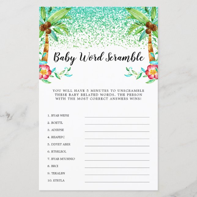 Tropical Luau Watercolor Glitter Word Scramble (Front)