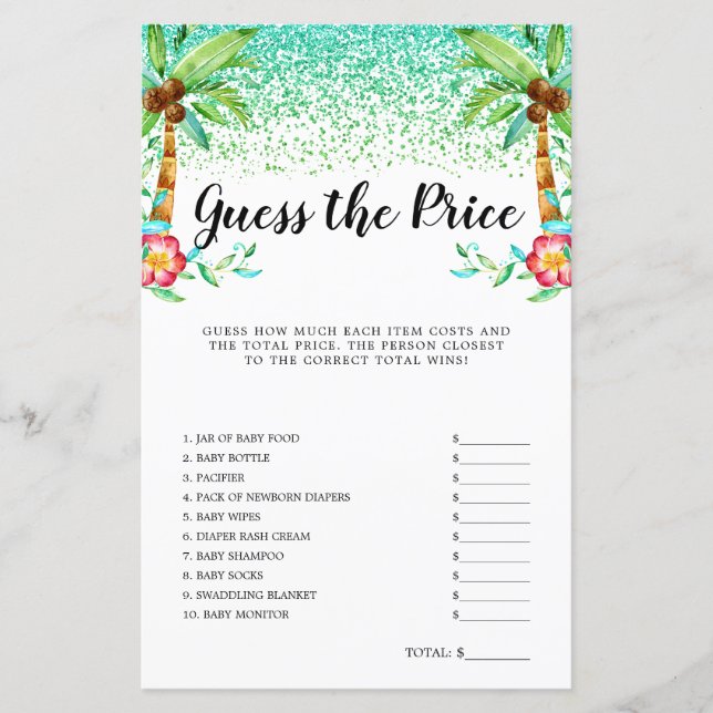 Tropical Luau Watercolor Guess the Price Game (Front)