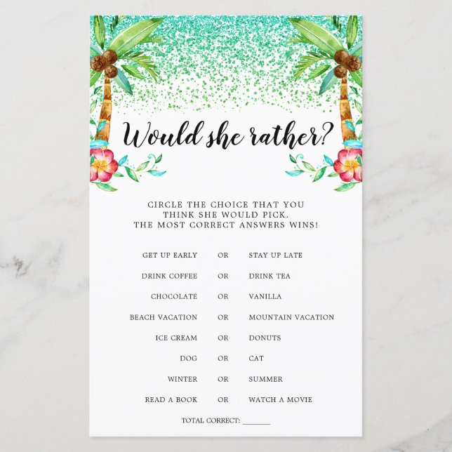 Tropical Luau Watercolor Would She Rather Game (Front)