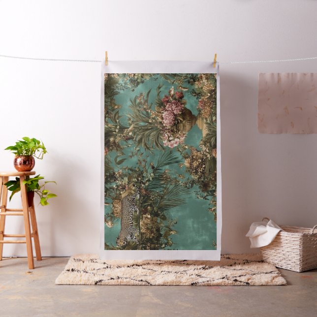 Tropical Lush Foliage Floral Leopard Pattern Fabric (In Situ)
