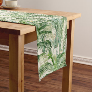 Tropical Lush Foliage Palm Leaves Pattern Short Table Runner
