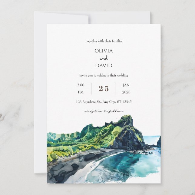 Tropical Lush Greenery Island View Beach wedding  Invitation (Front)