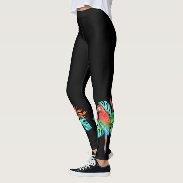 Tropical Macaw Parrot on Black Leggings (Left)