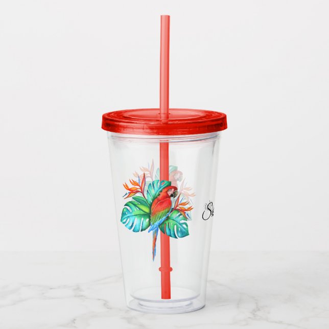 Tropical Macaw Parrot Personalised Acrylic Tumbler (Front)