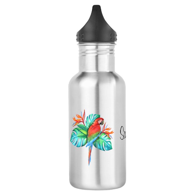 Tropical Macaw Parrot Personalised Water Bottle (Left)