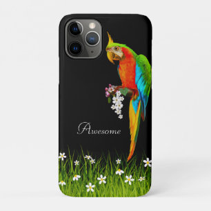 Tropical Macaw & White Flowers on Black iPhone 11 Pro Case
