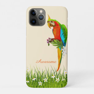 Tropical Macaw & White Flowers on Light Beige iPhone 11 Pro Case