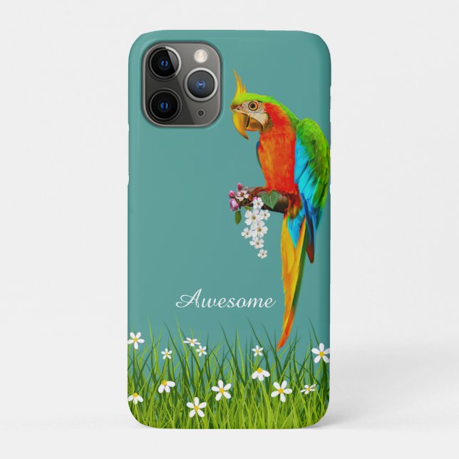 Tropical Macaw & White Flowers on Teal Case-Mate iPhone Case (Back)