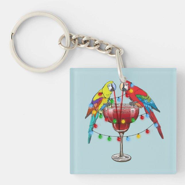 Tropical Macaws Drinking Wine Key Ring (Front)