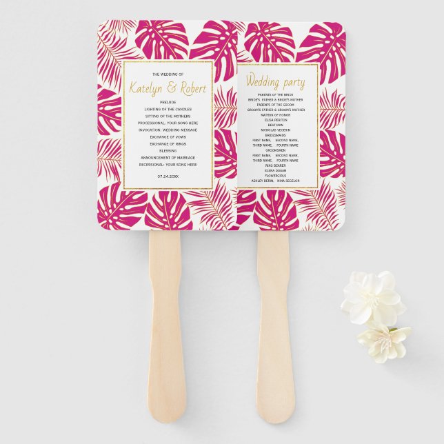 Tropical magenta and gold leaves wedding program hand fan (Front and Back)