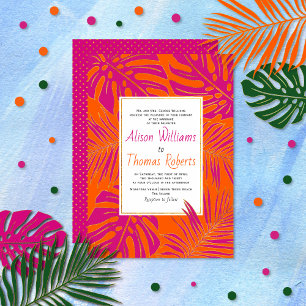 Tropical magenta and vibrant orange leaves wedding invitation