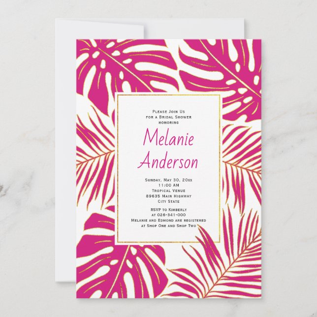 Tropical magenta leaves wedding bridal shower invitation (Front)