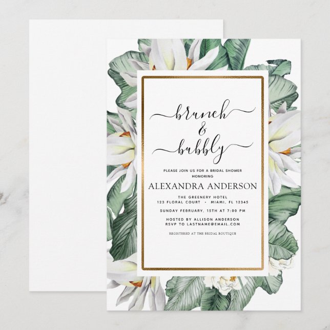 Tropical Magnolia Brunch & Bubbly Bridal Shower Invitation (Front/Back)