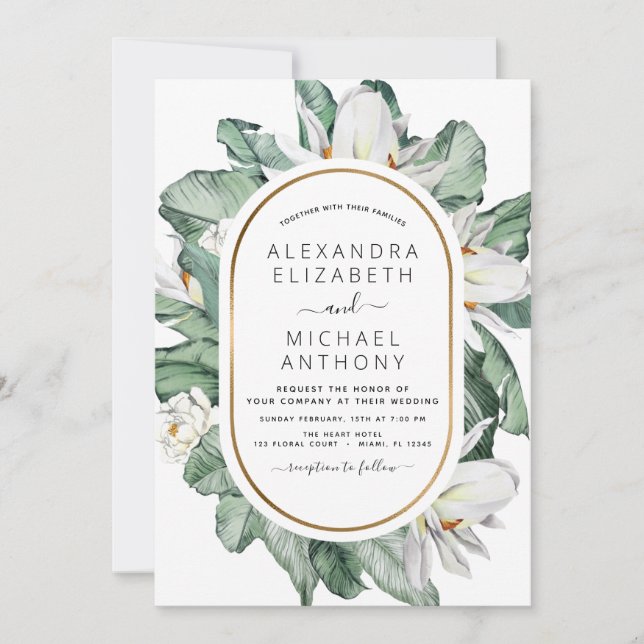 Tropical Magnolia Floral Greenery Wedding  Invitat Invitation (Front)