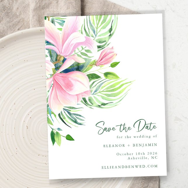 Tropical Magnolia Pink Green Botanical Wedding Save The Date (Creator Uploaded)