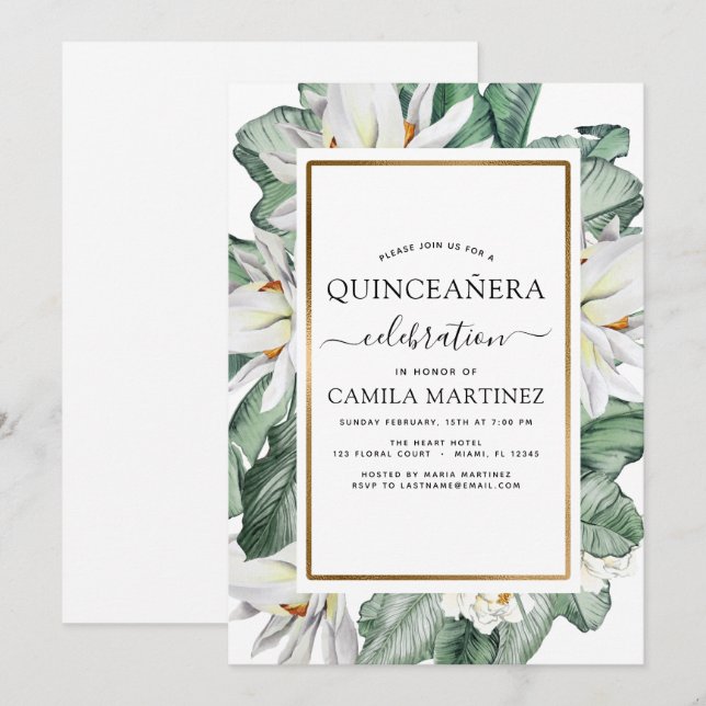 Tropical Magnolia Quinceañera Celebration Floral Invitation (Front/Back)