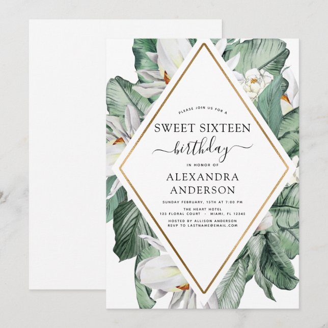 Tropical Magnolia Sweet Sixteen Birthday Party Inv Invitation (Front/Back)