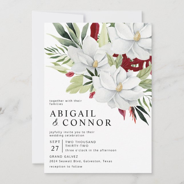 Tropical Magnolia White Green Red Invitation (Front)