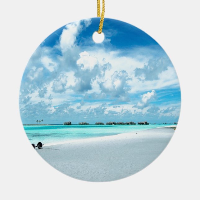 Tropical Maldives Beach Harbour Ceramic Tree Decoration (Front)