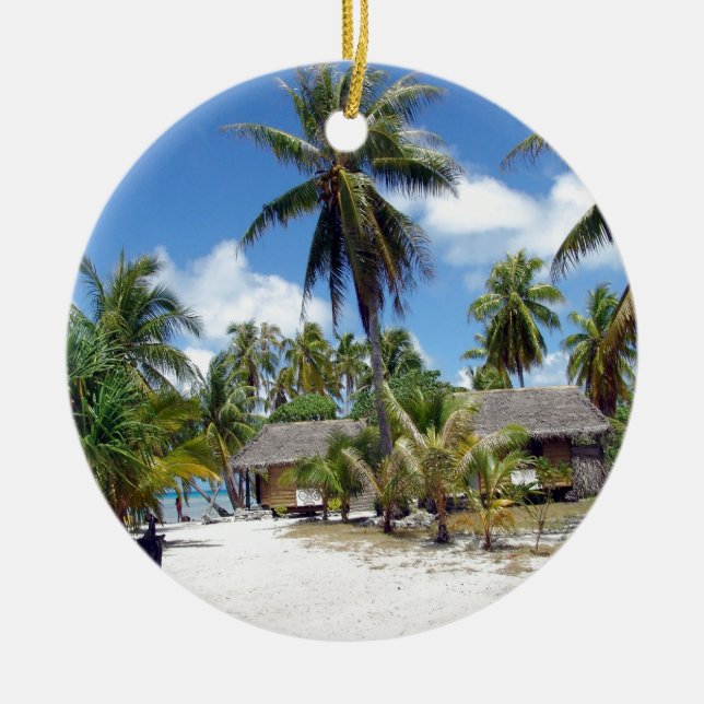 Tropical Maldives Palm Grove Shacks Ceramic Tree Decoration (Front)