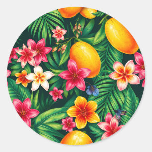 Tropical Mango and Palm Leaf Pattern Classic Round Sticker