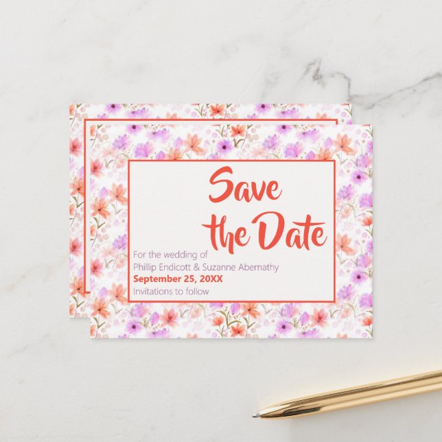 Tropical Mango Orange Floral Pattern Save the Date Announcement Postcard (Front/Back In Situ)