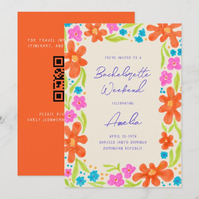 Tropical Marker Sketch Flower Border Bachelorette Invitation (Front/Back)