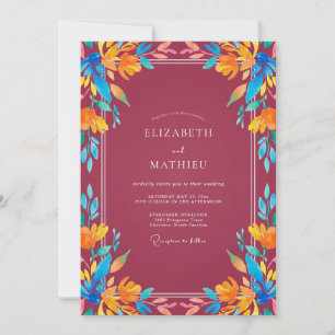 Tropical Maroon Orange Painted Wedding Invitation