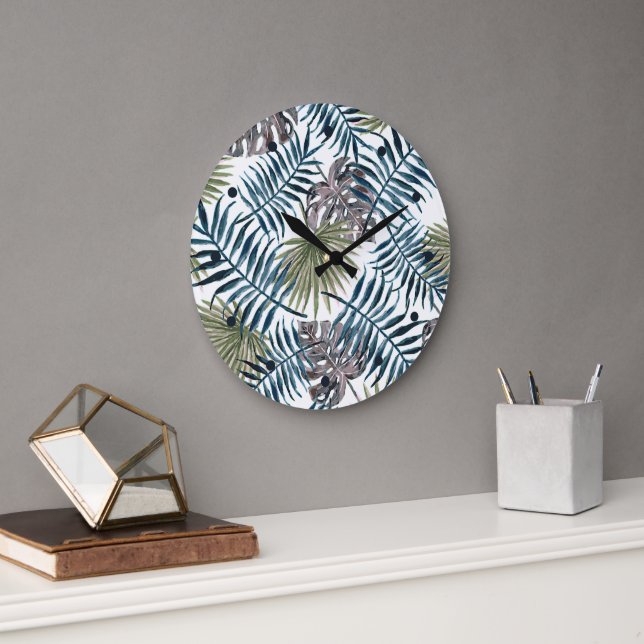 Tropical Mauve Green Palm Leaves Watercolor Art Large Clock (Office)