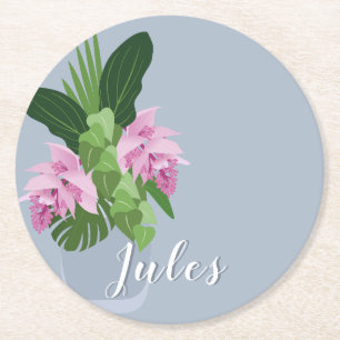 Tropical Medinilla Elegant Flower in Vase Add Name Round Paper Coaster