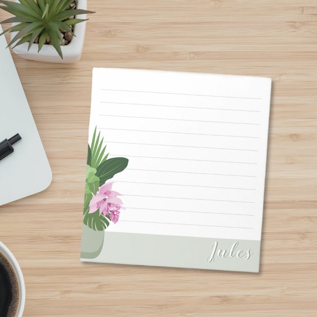 Tropical Medinilla Flower Green Vase Name Lined Notepad (Creator Uploaded)