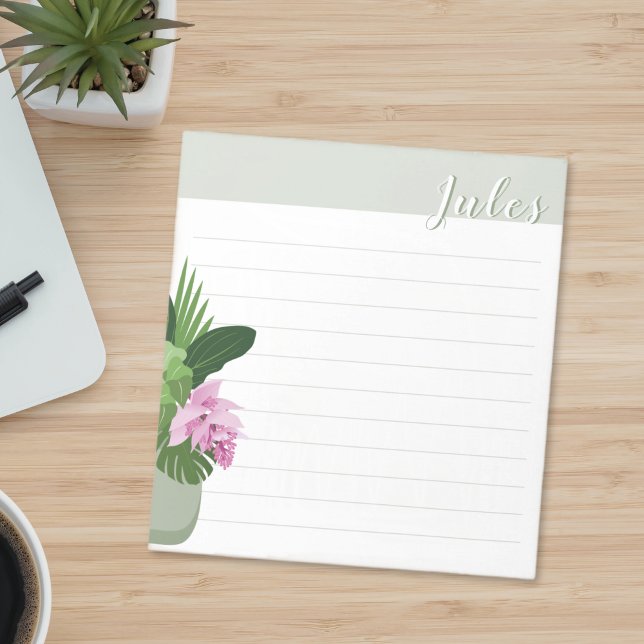 Tropical Medinilla Flower Green Vase Name Lined Notepad (Creator Uploaded)