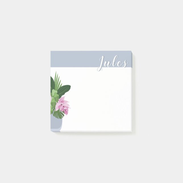 Tropical Medinilla Pink Flower Blue Vase Add Name Post-it Notes (Front)