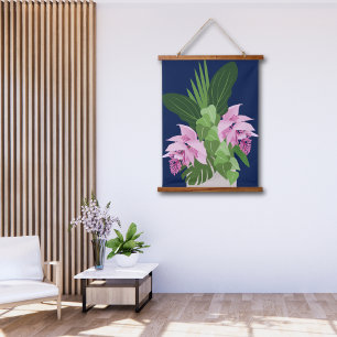 Tropical Medinilla Pink Flower on Dark Blue Hanging Tapestry